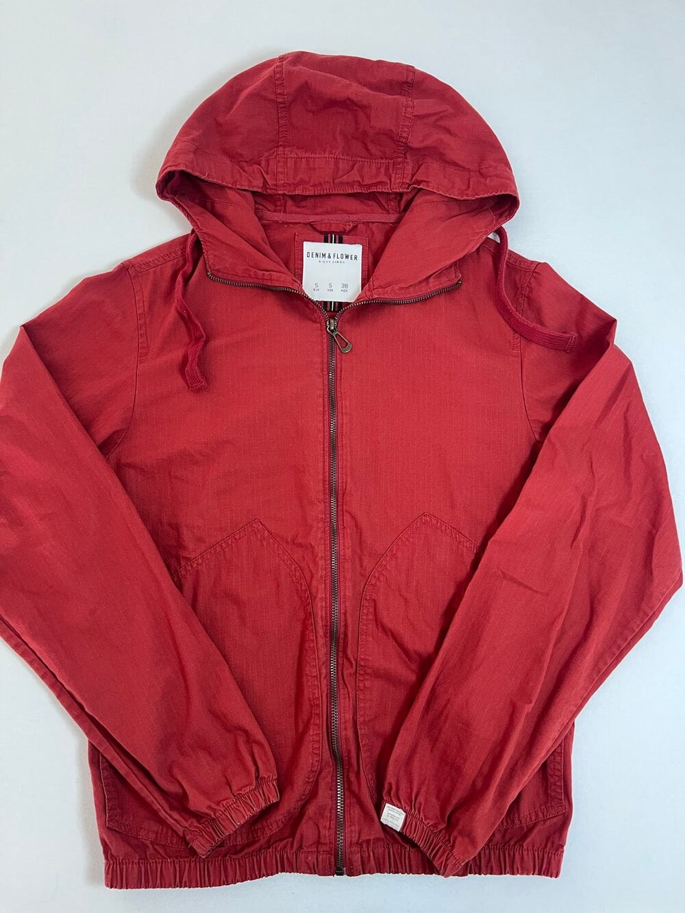 Denim & Flower Ricky Singh Mens S Red Cotton Hooded Jacket Full Zip Utility
